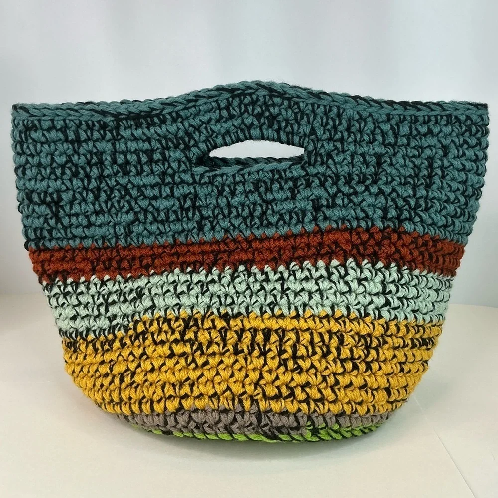 Handcrafted Multicolor Crochet Scrap Woven Tote Bag Basket Storage Handmade Knit